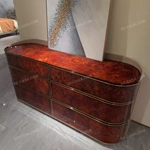 Curved Six-Drawer Sideboard with Natural Burl Veneer High-Gloss Panels and Gold Inlaid Stainless Steel Trim